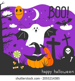 Halloween night with a cemetery and pumpkins and ghost.  Cartoon illustration with purple background. 