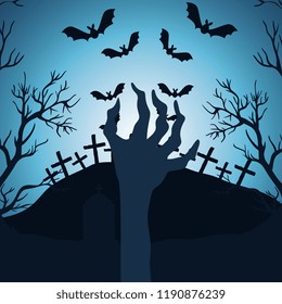 halloween night cemetery with sombie hand scene