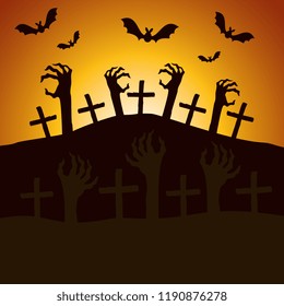 halloween night cemetery with sombie hands scene