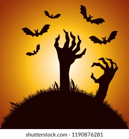 halloween night cemetery with sombie hands scene