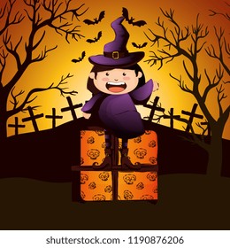 halloween night cemetery with witch scene