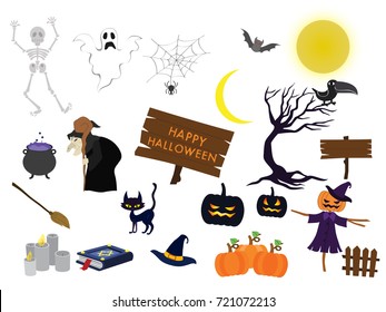 Halloween night characters set isolated vector illustration
