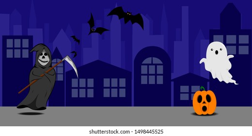 Halloween night in the city, Grim Reaper , Ghost, pumpkin head And flying bats.