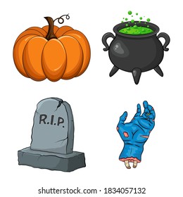 Halloween night collection. Creepy cartoon set for spooky october holiday. Vector design of pumpkin, witch cauldron with green poison, rip grave tombstone and zombie hand. Eps 10 isolated illustration