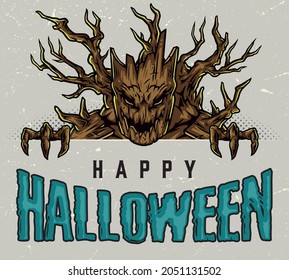Halloween night colorful concept in vintage style with evil forest monster on gray background with halftone effects vector illustration
