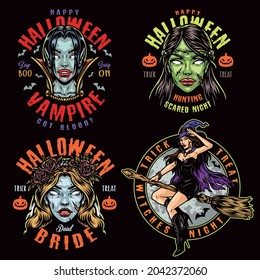 Emblemas coloridos de la noche de Halloween al estilo vintage con una novia muerta vampira y cabezas zombi brujas en sombrero y capa volando sobre escoba ilustración vectorial aislada