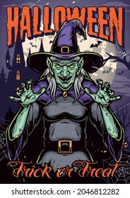 Halloween night colorful poster in vintage style with cruel witch on haunted house flying bats cobweb and moon background vector illustration