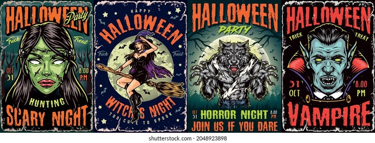 Afiches coloridos de la noche de Halloween ambientados en vampiros de estilo vintage y cabezas zombi hembras espeluznantes furiosas hombre lobo bonita bruja en sombrero y capa volando sobre ilustración de vector escoba