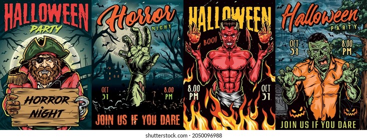 Halloween night colorful posters with spooky zombie scary horned devil and fireballs corpse hand angry pirate in cocked hat holding wooden board with Horror Night inscription vector illustration