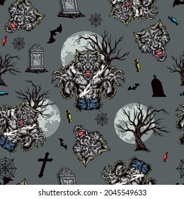 Halloween night colorful seamless pattern in vintage style with scary ferocious werewolf tombstone dry tree bat moon cobweb vector illustration