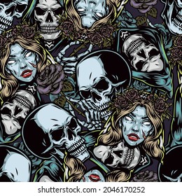 Halloween night colorful seamless pattern in vintage style with scary dead bride and grim reaper heads skulls skeleton hands holding rose flowers vector illustration