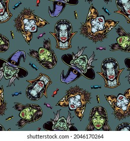 Halloween night colorful seamless pattern in vintage style with candies spooky dead bride witch female vampire and zombie heads vector illustration