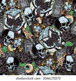 Halloween night colorful seamless pattern with corpse bride in wedding dress dead flowers skulls tombstones burning candles human eyes lollipops vector illustration
