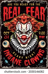 Halloween night colorful vintage poster with letterings cruel evil clown head with paper collar human eyes and candies vector illustration