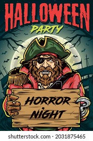 Halloween Night Colorful Vintage Poster With Aggressive Pirate With Eye Patch Holding Wooden Plank With Horror Night Inscription Vector Illustration