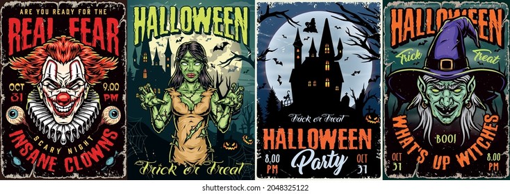 Halloween night colorful vintage posters with inscriptions scary clown and witch heads spooky female zombie human eyes creepy pumpkins haunted house vector illustration