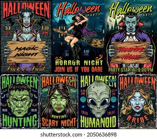 Halloween night colorful vintage posters with pretty witch flying on broom bats scary male and female vampires with wooden planks spooky zombies alien dead bride heads vector illustration