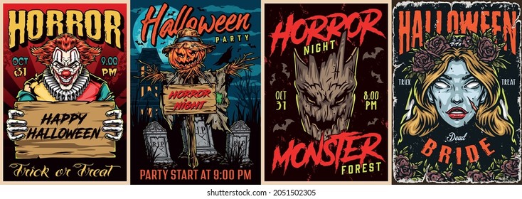 Halloween night colorful vintage posters with scary dead bride and forest monster heads bats spooky scarecrow near cemetery evil clown with wooden board vector illustration