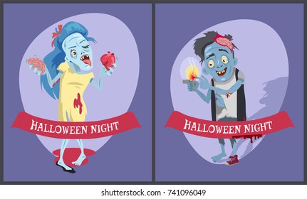 Halloween night comic images set of female zombie holding brain and heart and male burning his finger and smiling vector illustration