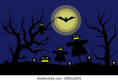 Halloween Night Concept. Owl perched on a branch, Bat, Pumpkin , scarecrow , Tomb with Cross on Blue Background. Design for Happy Halloween banner and card.Vector illustration.