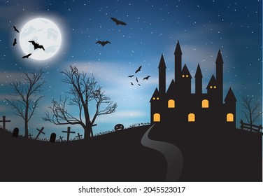Halloween night concept. Halloween poster with castle, full moon and bats
