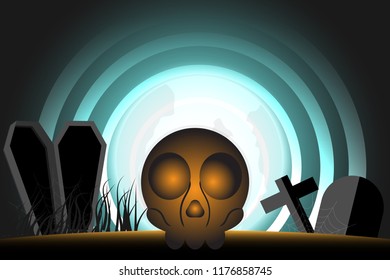 Halloween night concept and Skull under the moonlight.Vector illustration