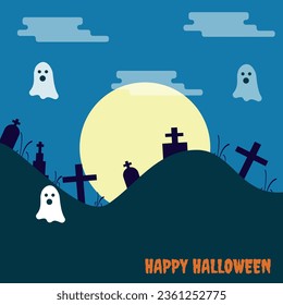 Halloween Night Concept Vector with graves and ghosts.Happy Halloween! Vector illustration eps 10.
