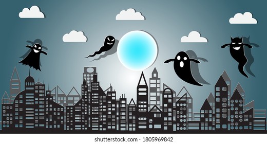 Halloween Night Concept Vector.paper art style.