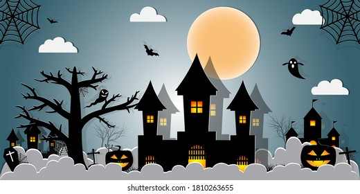 Halloween Night Concept Vector.paper art style.