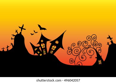 Halloween night with creepy castle, bat, crow and tomb. Vector illustration with colorful background.