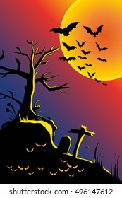 Halloween night with creepy castle, bat, crow and tomb. Vector illustration with colorful background.