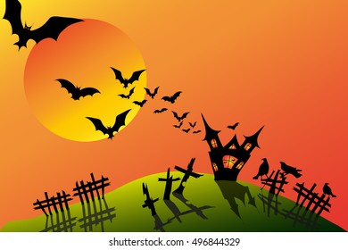 Halloween night with creepy castle, bat, crow and tomb. Vector illustration with colorful background.