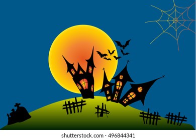 Halloween night with creepy castle, bat, crow and tomb. Vector illustration with colorful background.