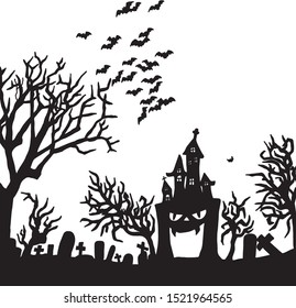Halloween night with creepy castle on graveyard vector illustration sketch doodle hand drawn with black lines isolated