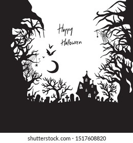 Halloween night with creepy castle vector illustration sketch doodle hand drawn with black lines isolated on white background.