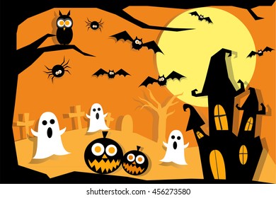 Halloween night with creepy castle,pumpkins,ghost,owl,bat and spider on the moon background.