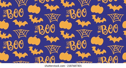 Halloween Night Cute Vector Seamless Pattern Texture. Cartoon Pumpkin, Boo, Bat, Web Hand drawn doodles design for baby clothes, nursery textile, wrapping paper. Halloween print, repeat background