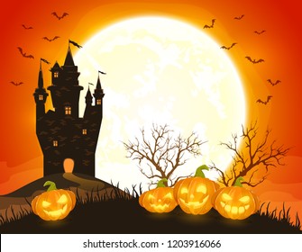 Halloween night with dark castle, happy pumpkins and Moon with bats on orange background, illustration.
