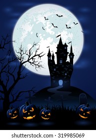 Halloween night with dark castle, Moon and pumpkins, illustration.
