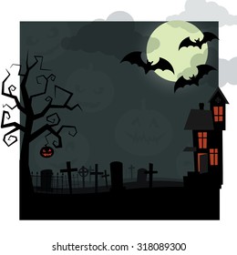 Halloween night. Dry tree, with jack-o'-lantern hanging on it, old cemetery covered with mist, the bats flying on background a big moon in the clouds, and an abandoned house, windows that glow orange.