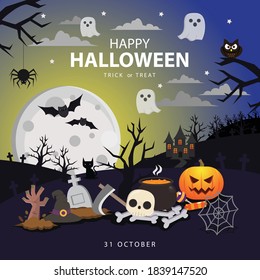 halloween night with dusk sky banner, Vector Flat Illustration.