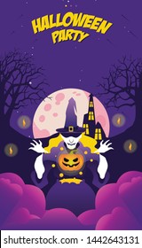 Halloween night event party with witch and pumpkin invitation. poster, background and banner design template.