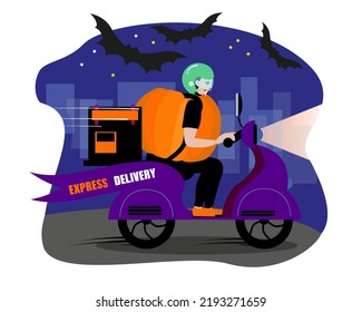 Halloween Night Express Delivery on the Motorbike. Person Riding Motorbike with Box Back for Service, Order, Fas. Vector illustration.