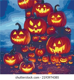 Halloween night in fantasy style. Happy Halloween background with scary pumpkin in graveyard with haunted house and full moon. Vector illustration for Happy Halloween card, flyer and poster.