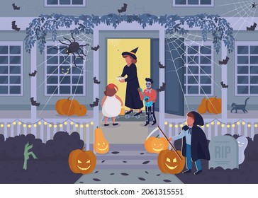 Halloween night flat color vector illustration. Party celebration. Trick or treat children. Carved pumpkins. Costumed 2D cartoon characters with decorated spooky house on background