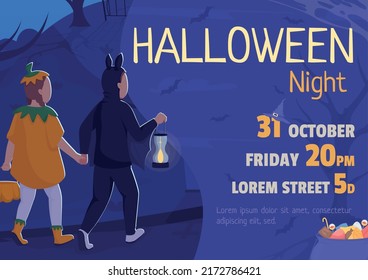 Halloween night flat vector banner template. Spooky holiday for children poster, leaflet printable color designs. Editable flyer page with text space. Neucha, Passion One fonts used