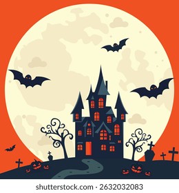 halloween noite plana vetor ilustração em tons laranja com lua e castelo.