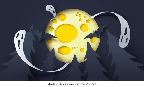 Halloween night forest scenery with full moon and ghost. Halloween night scenery. Paper cut and craft style. vector, illustration.