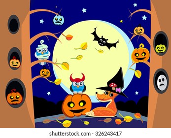Halloween night in forest - vector  illustration of cute owls, fox as witch, zombie, devil have a party. Halloween  pumpkins and ghost on trees. Flat cartoon Halloween background, wallpaper, poster.