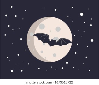 Halloween night with full moon and bats, bats flying in the moon background vector